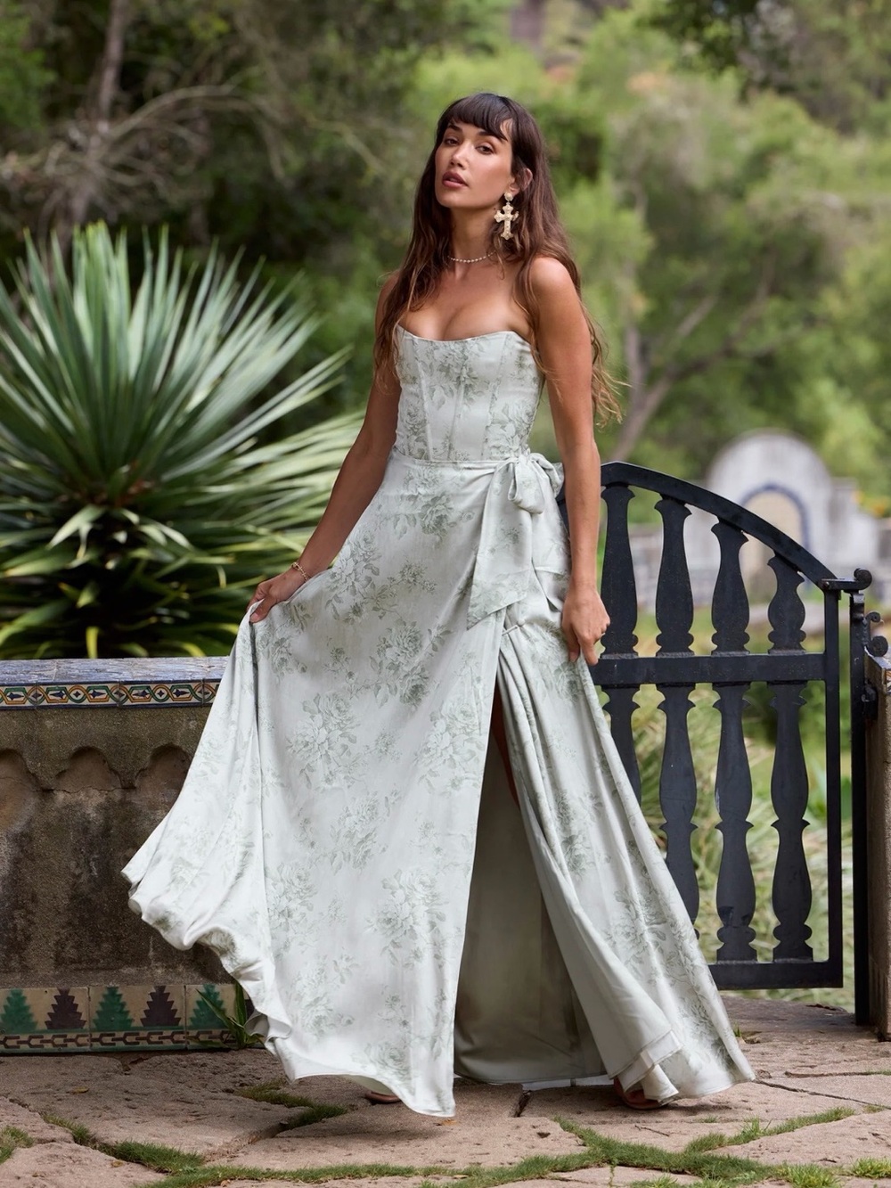 V. Chapman Cecelia in Sage Tapestry Floral Strapless Satin Gown